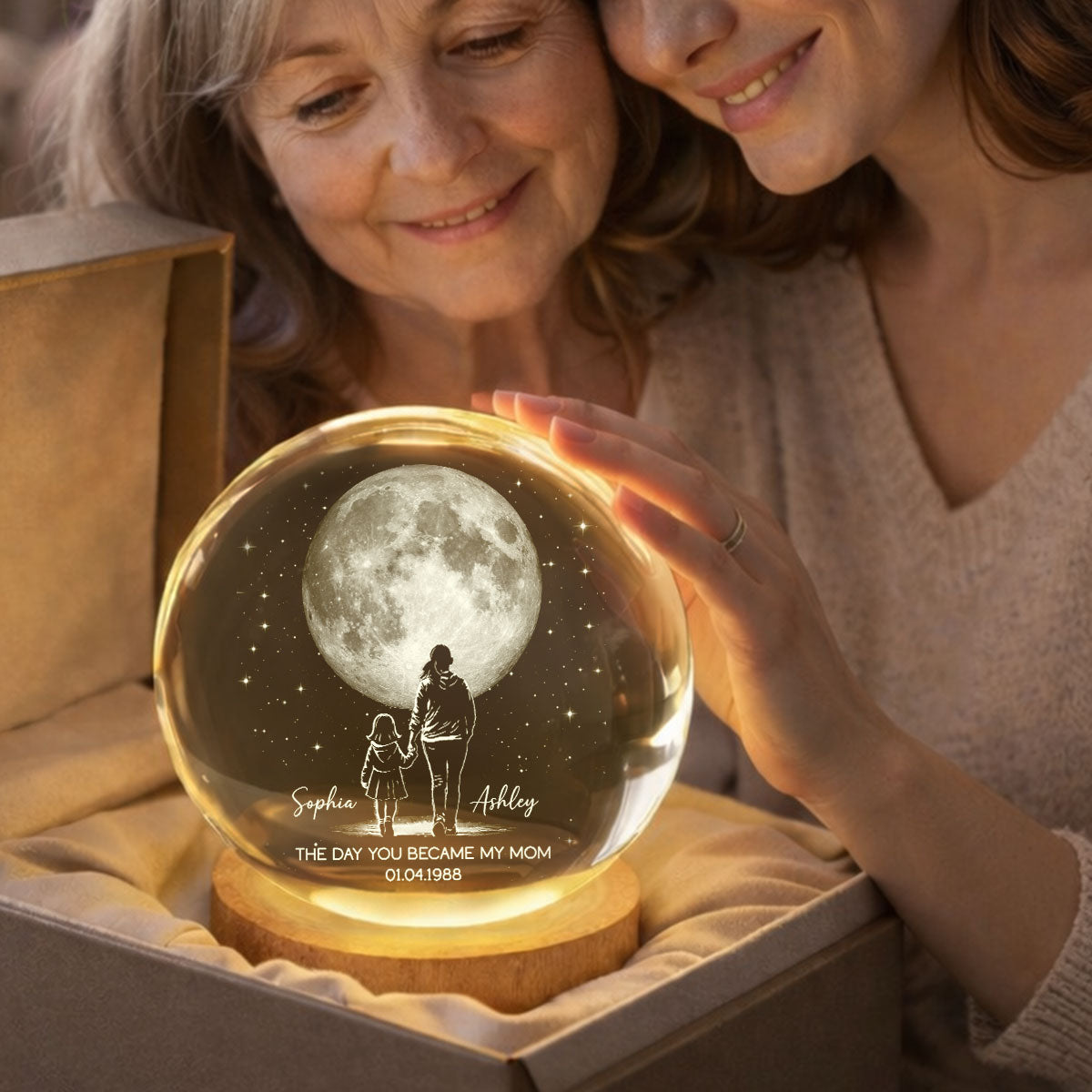 The Day You Became My Mom Custom Moon Phase by Date - Personalized Crystal Ball LED Night Light - Mother's Day Gift for Mom