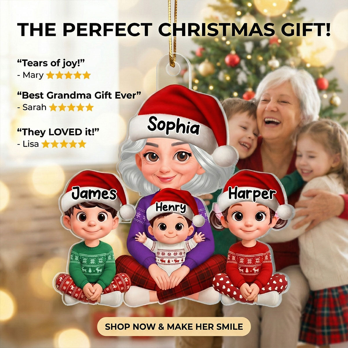 Heartwarming Grandma Grandkids Happy Together - Personalized Acrylic Ornament - Gift For Grandma, Grandkids