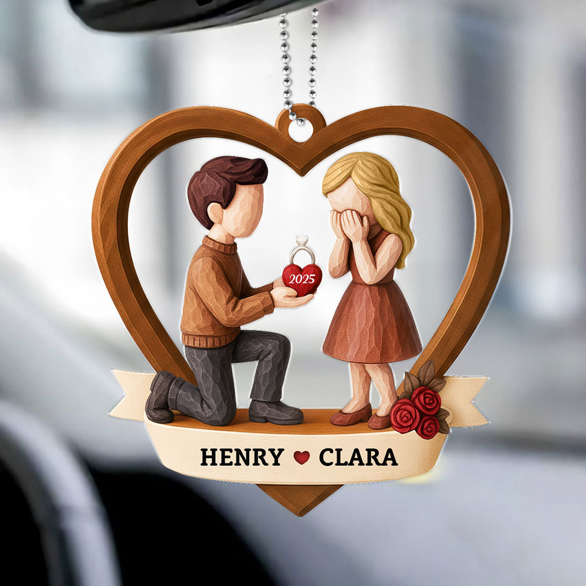 Couple Marriage Proposal 3D Wooden Effect - Personalized Acrylic Car Hanger - Newly Engaged Gift, "She Said Yes!"