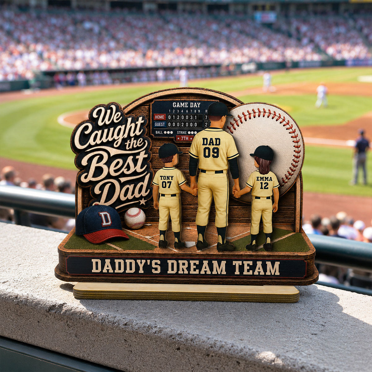 Baseball Things Dad & Kids Back View Standing 2D Flat - Personalized 2-Layered Wooden Plaque - Happy  For Baseball Dad