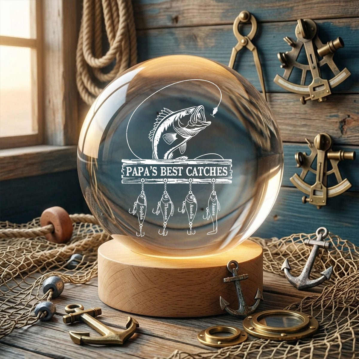 Daddy Grandpa Best Catch Fishing - Personalized Crystal Ball LED Night Light - Heartfelt Gift For Dad, Gift For Grandpa