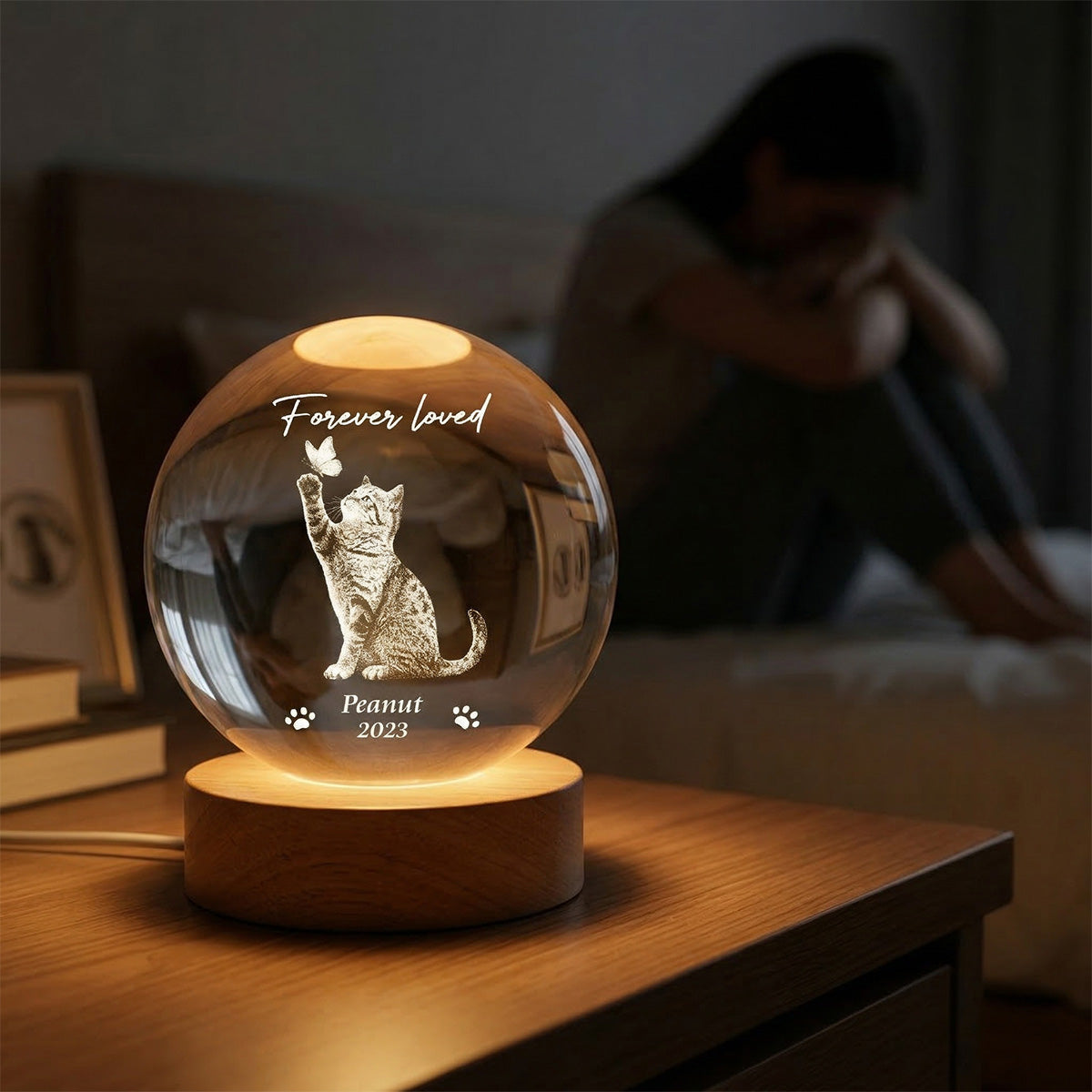 Forever In My Heart Memorial Cat Butterfly - Personalized Crystal Ball LED Night Light - Sympathy Gift For Cat Lovers