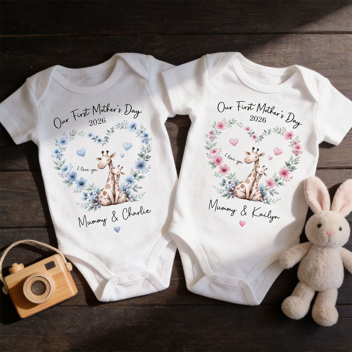 Our First Mother's Day Giraffe Mom And Baby - Personalised Onesie - First Mother's Day Baby Gift