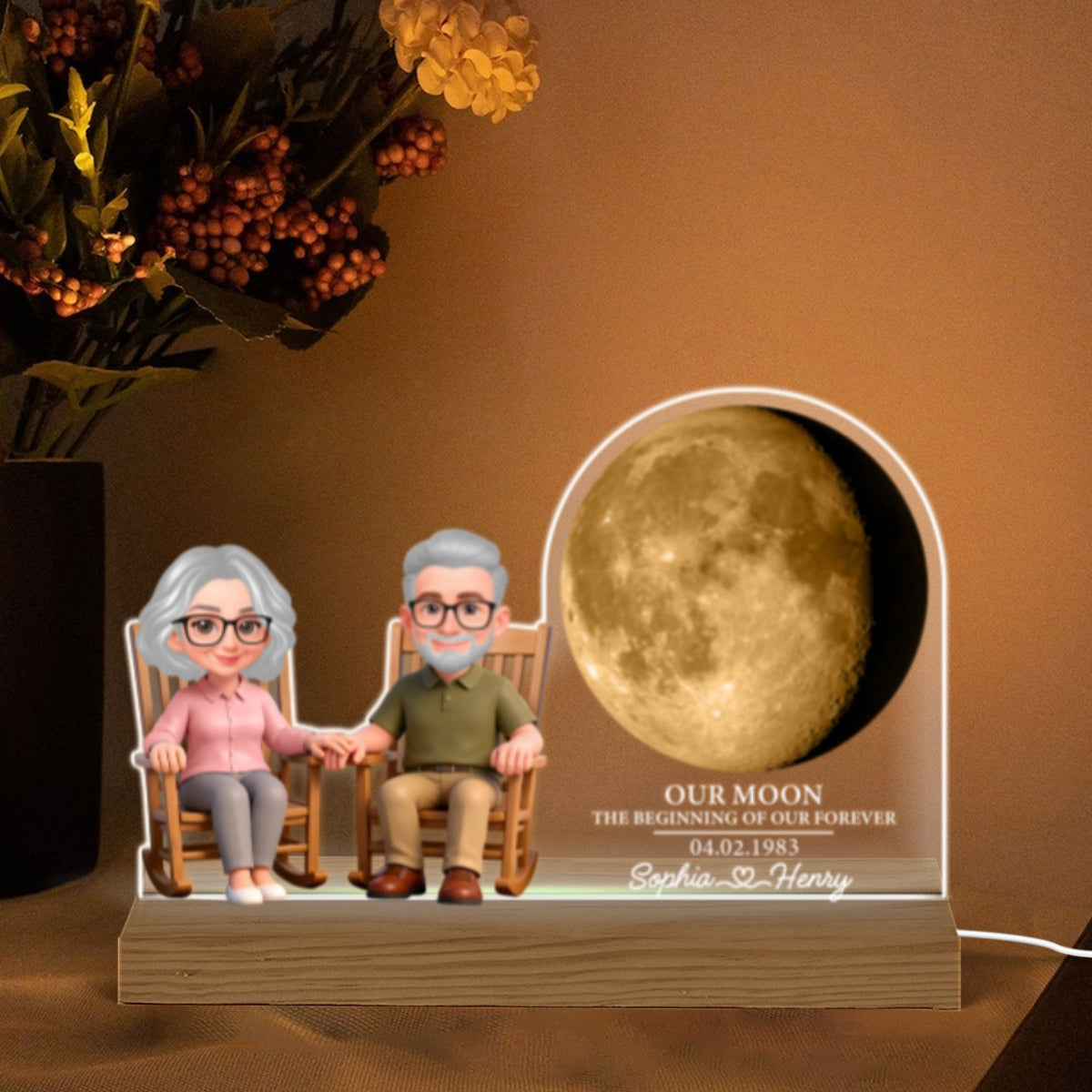 Old Couple Sitting On Rocking Chair Custom Moon Phase - Personalized Acrylic Plaque LED Night Light