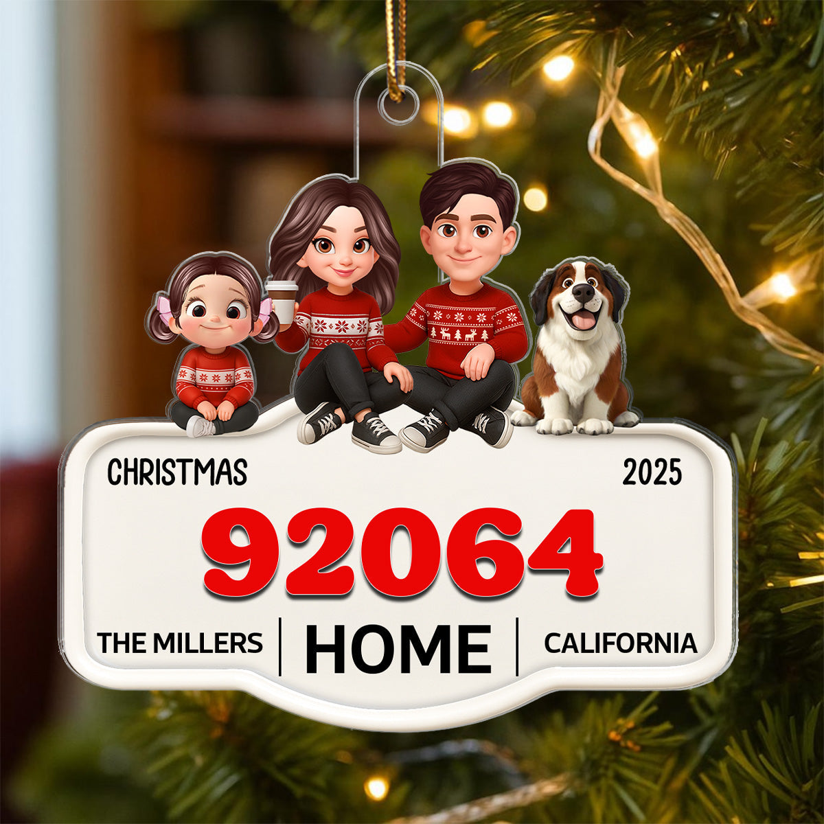 3D Effect No Place Like Home Cartoon Family Sitting Zip Code - Personalized Acrylic Ornament