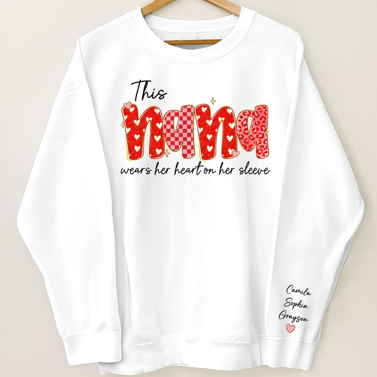 This Nana Wears Heart On Her Sleeve Preppy Pattern - Personalized Sleeve Printed Sweatshirt - Mother's Day Gift For Grandma