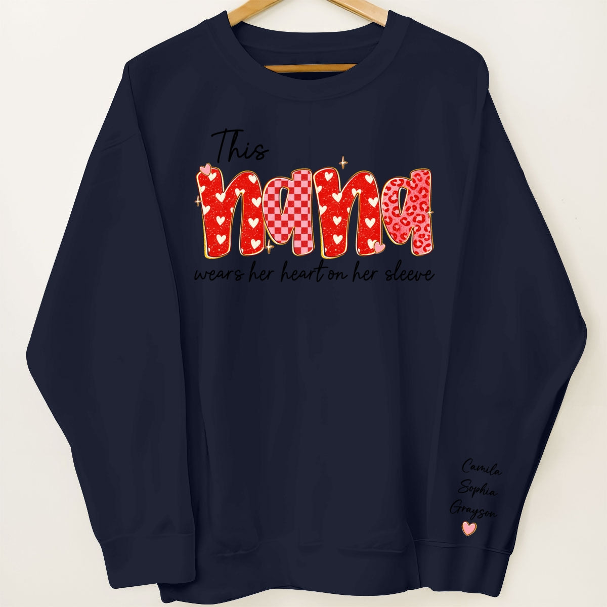 This Nana Wears Heart On Her Sleeve Preppy Pattern - Personalized Sleeve Printed Sweatshirt - Mother's Day Gift For Grandma