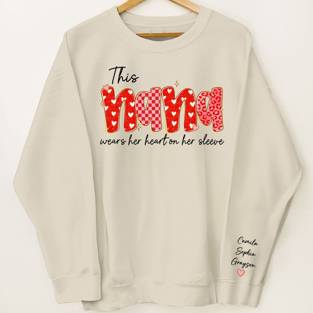 This Nana Wears Heart On Her Sleeve Preppy Pattern - Personalized Sleeve Printed Sweatshirt - Mother's Day Gift For Grandma