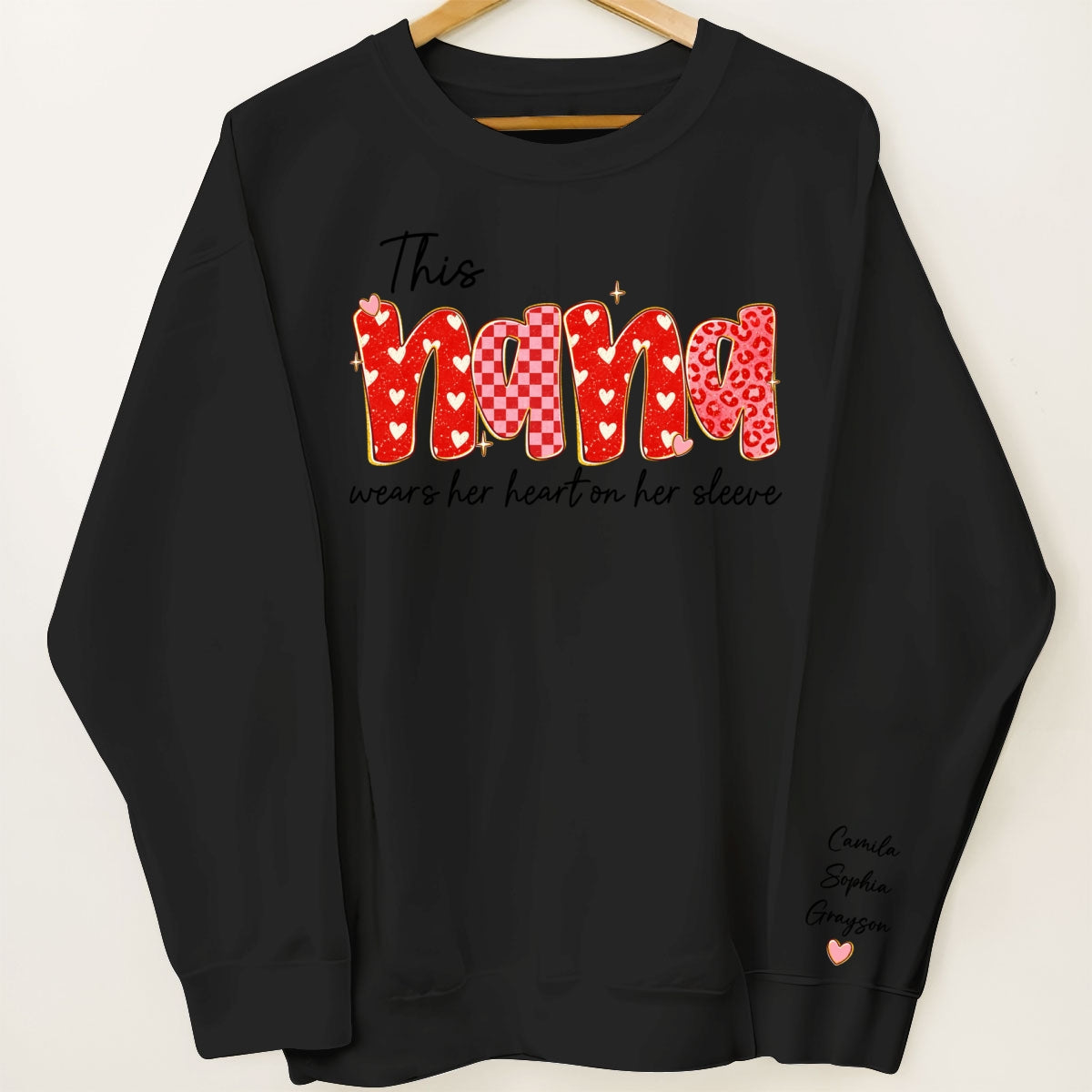 This Nana Wears Heart On Her Sleeve Preppy Pattern - Personalized Sleeve Printed Sweatshirt - Mother's Day Gift For Grandma