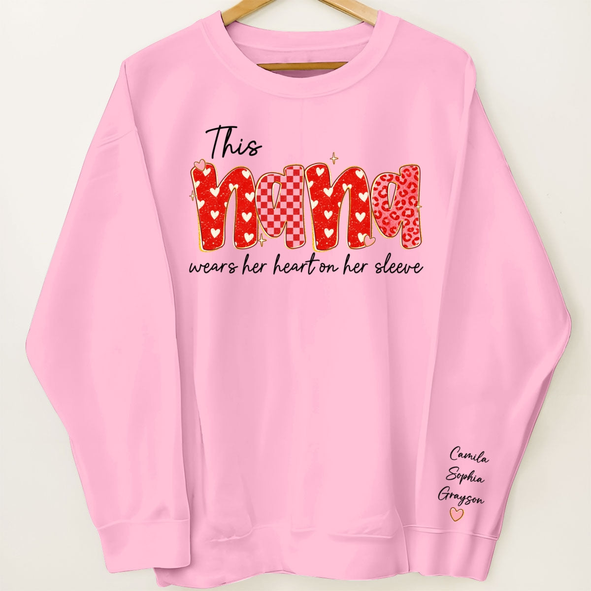 This Nana Wears Heart On Her Sleeve Preppy Pattern - Personalized Sleeve Printed Sweatshirt - Mother's Day Gift For Grandma