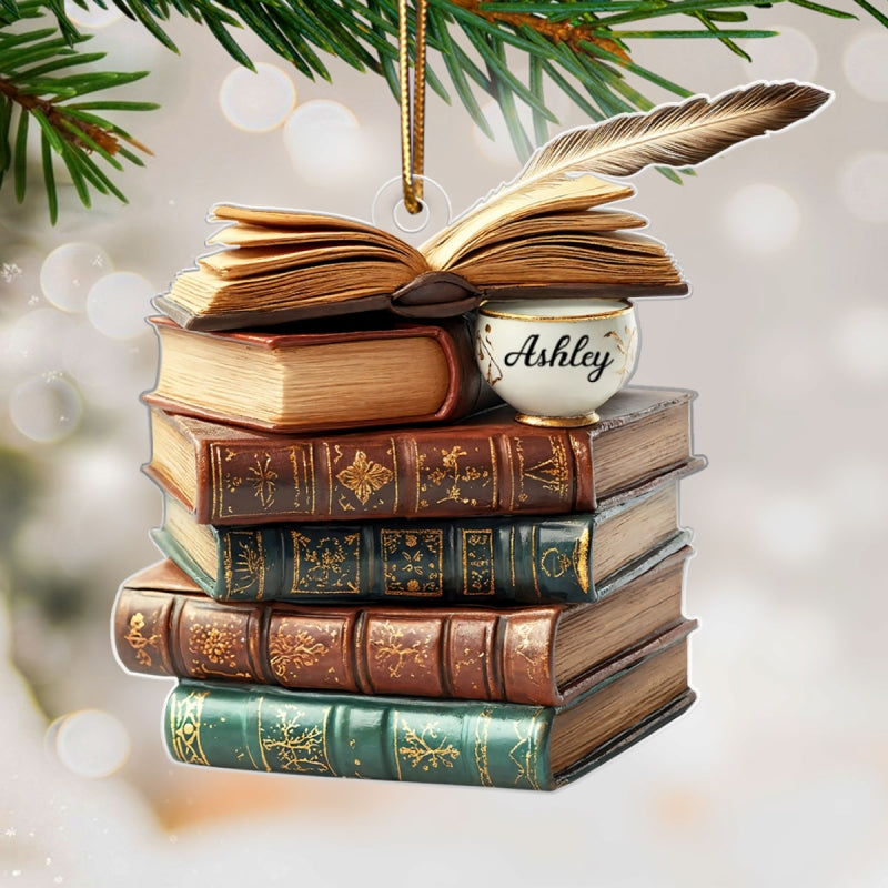 3D Effect Vintage Book Stack Light Bauble - Personalized Acrylic Ornament - Unique Christmas Gift For Book Lovers