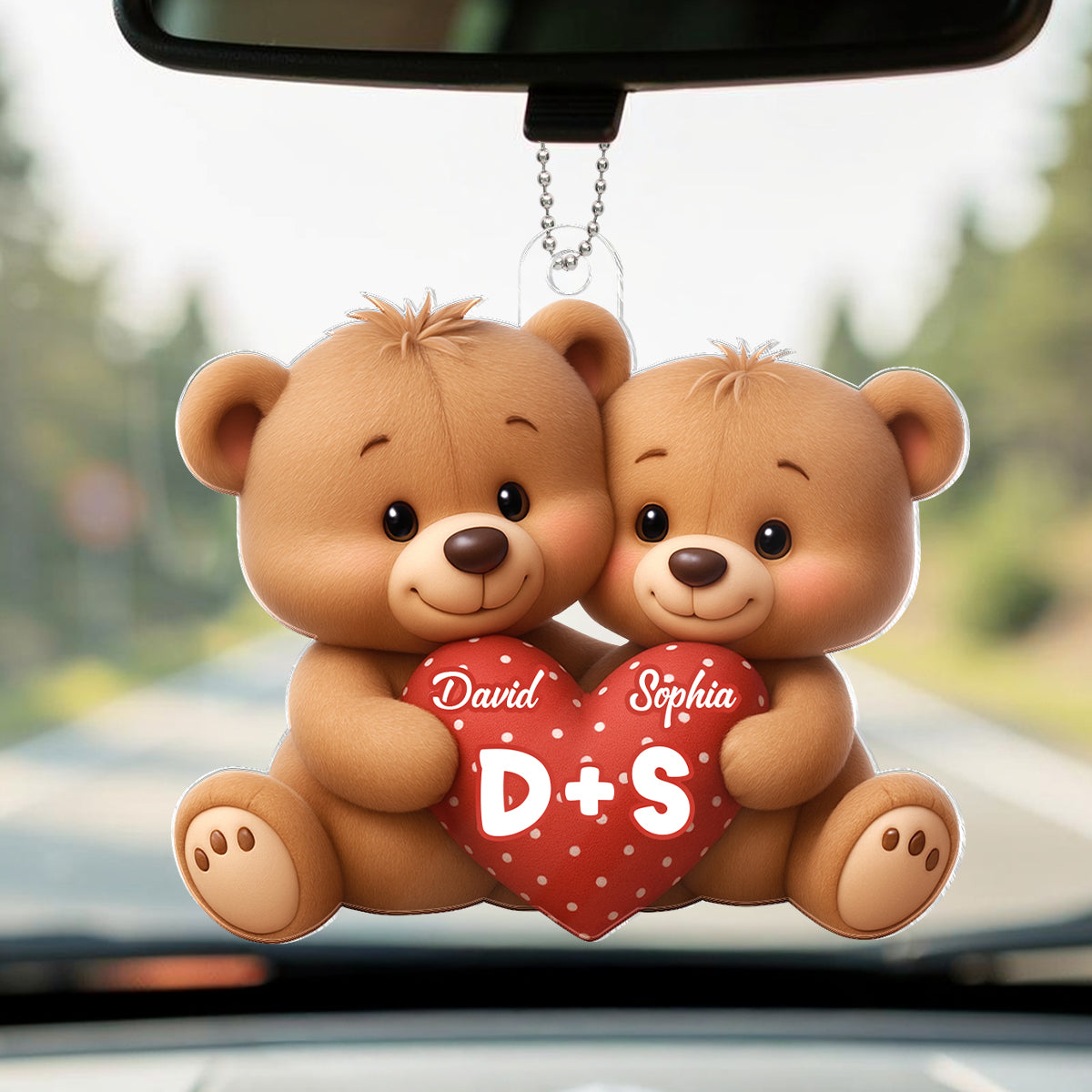 Bear Couple Holding Heart - Personalized Acrylic Car Hanger - Valentine's Day Gift for him, for her