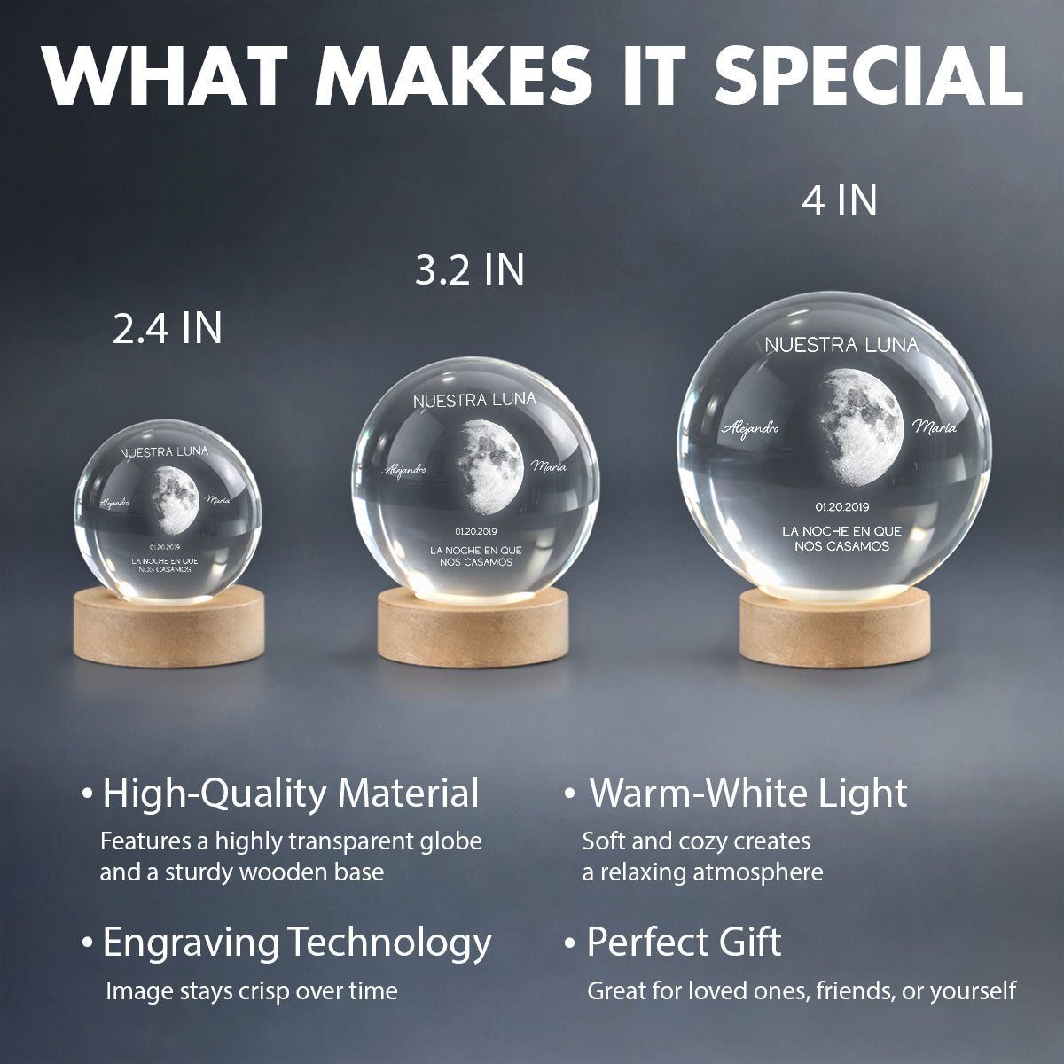 Nuestra Luna – Fase Lunar Personalizada por Fecha – Bola de Cristal con Luz Nocturna – Regalo de Aniversario