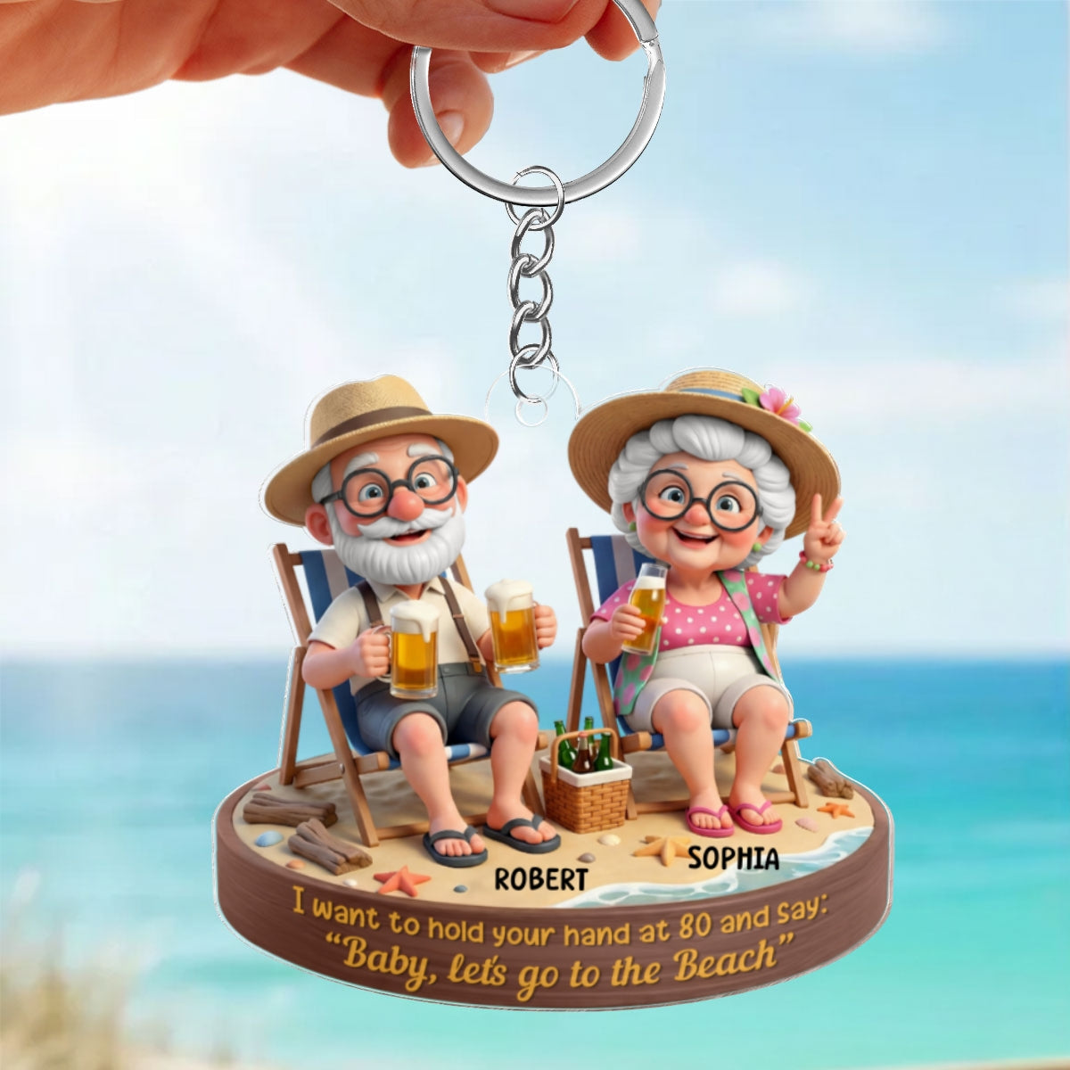 3D Effect Old Couple Baby Let's Go to the Beach  - Personalized Acrylic Keychain - Sentimental Gift for him, for her