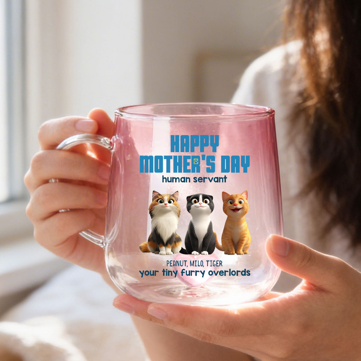 Happy Mother's Day Cat Mom Human Servant - Personalized Glass Mug - Heartfelt Gift for Cat Lovers