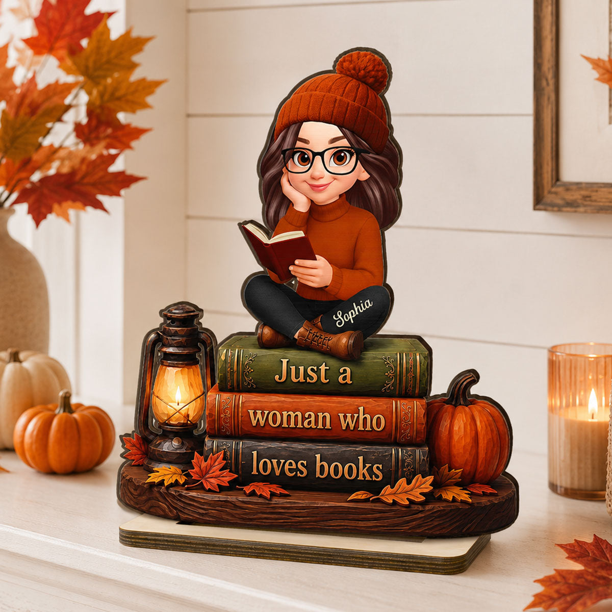 Fall Season Just A Woman Who Loves Books - Personalized 2-Layered Wooden Plaque - Fall Gift For Book Lovers