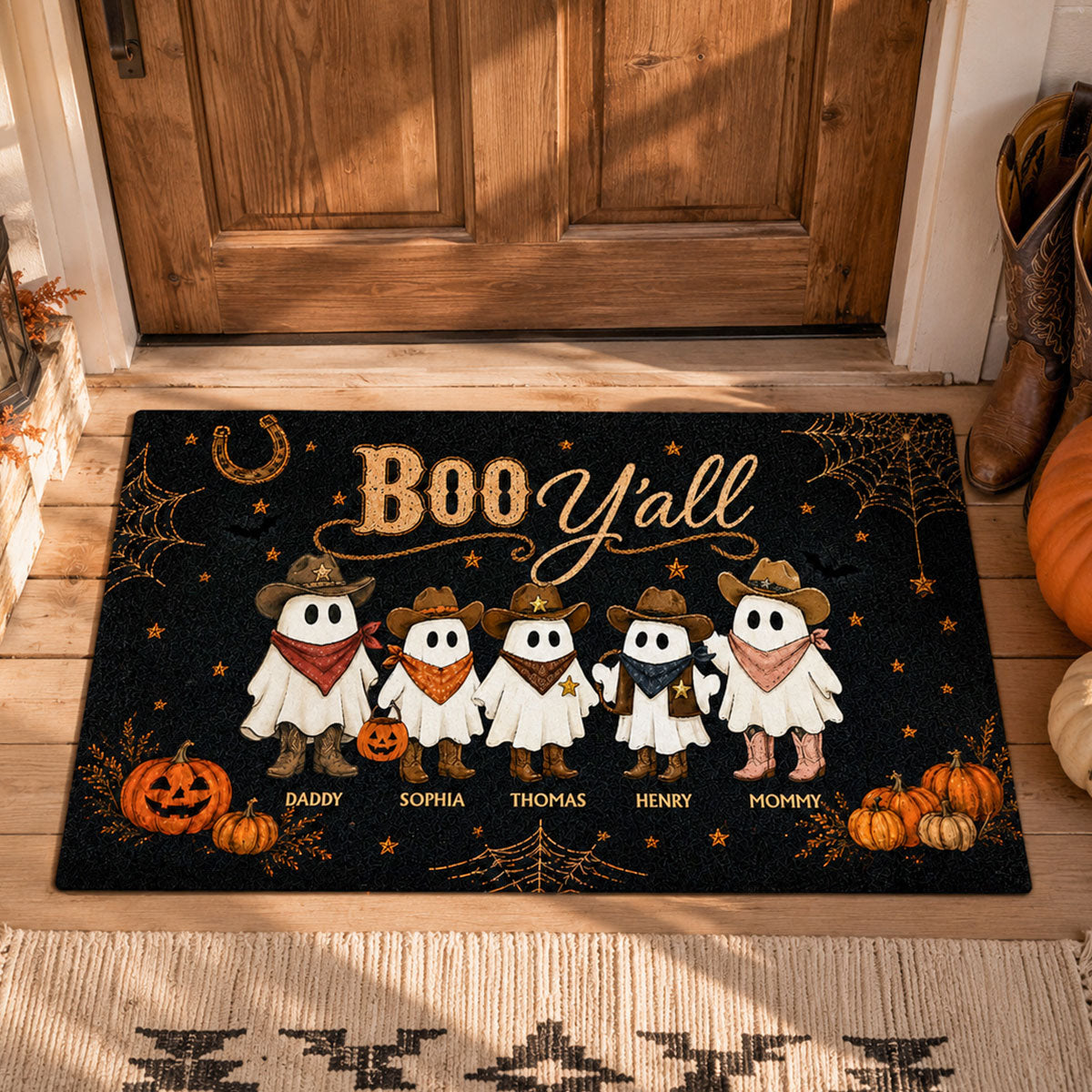 Boo Y'all Cowboy Ghost Family - Personalized Doormat - Western Country Vibe Halloween Decor For Families