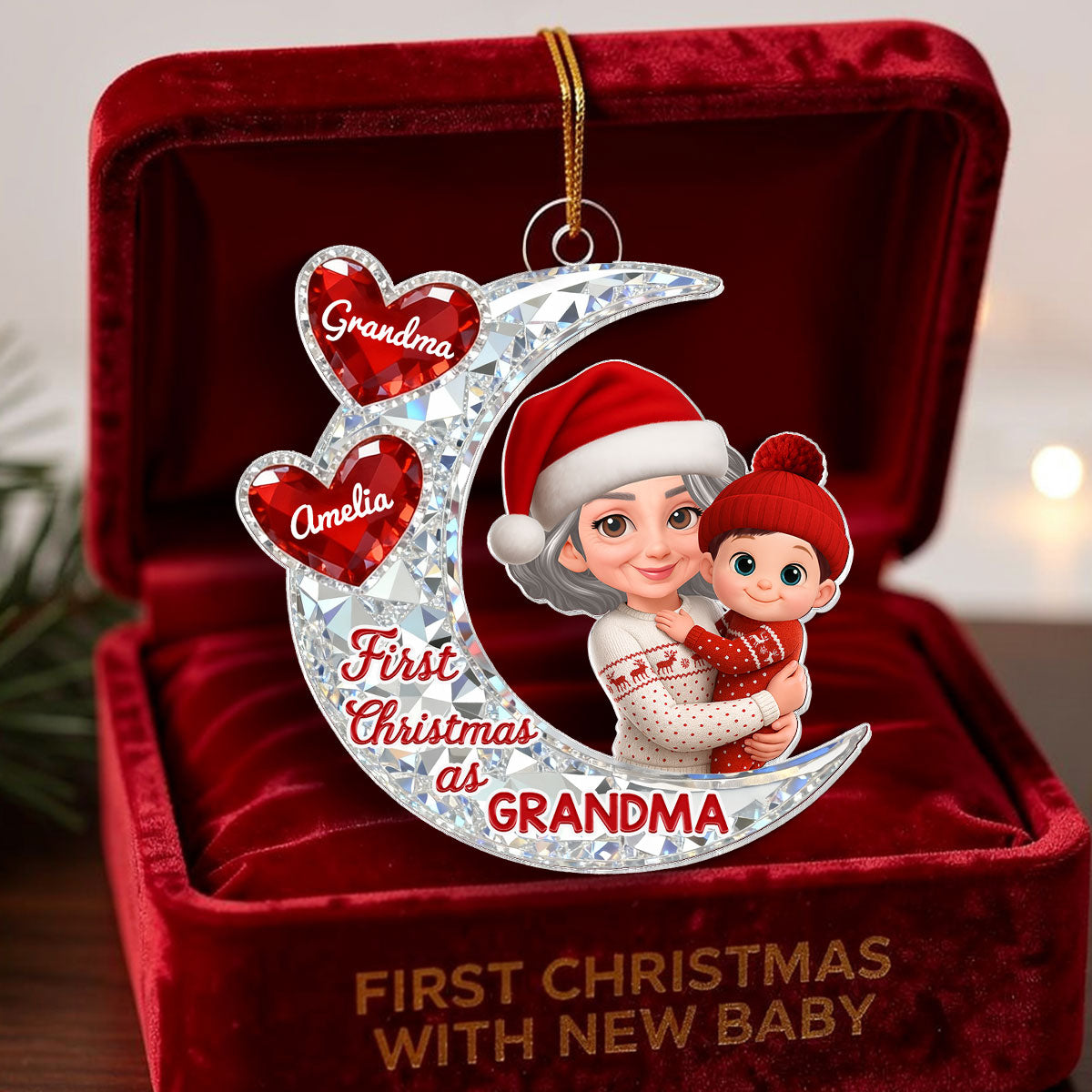 3D Effect Flat Moon First Christmas With New Baby - Personalized Acrylic Ornament - Christmas Gift For New Grandma, New Mom