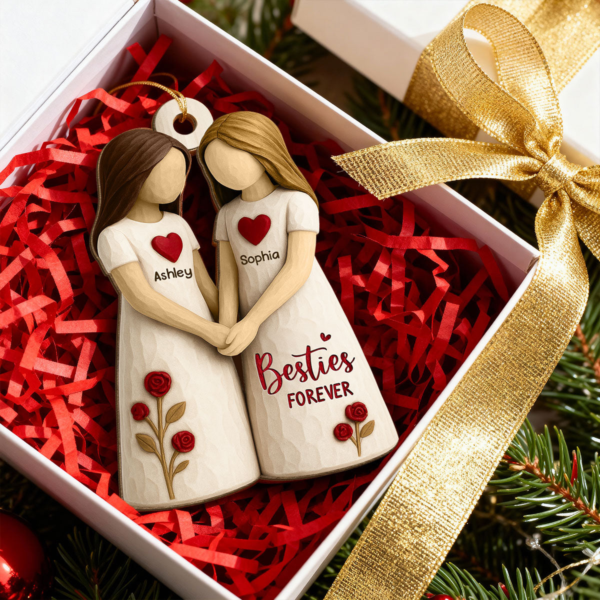 3D Effect Roses Besties Forever Together - Personalized Wooden Ornament - Christmas Gift For Best Friends