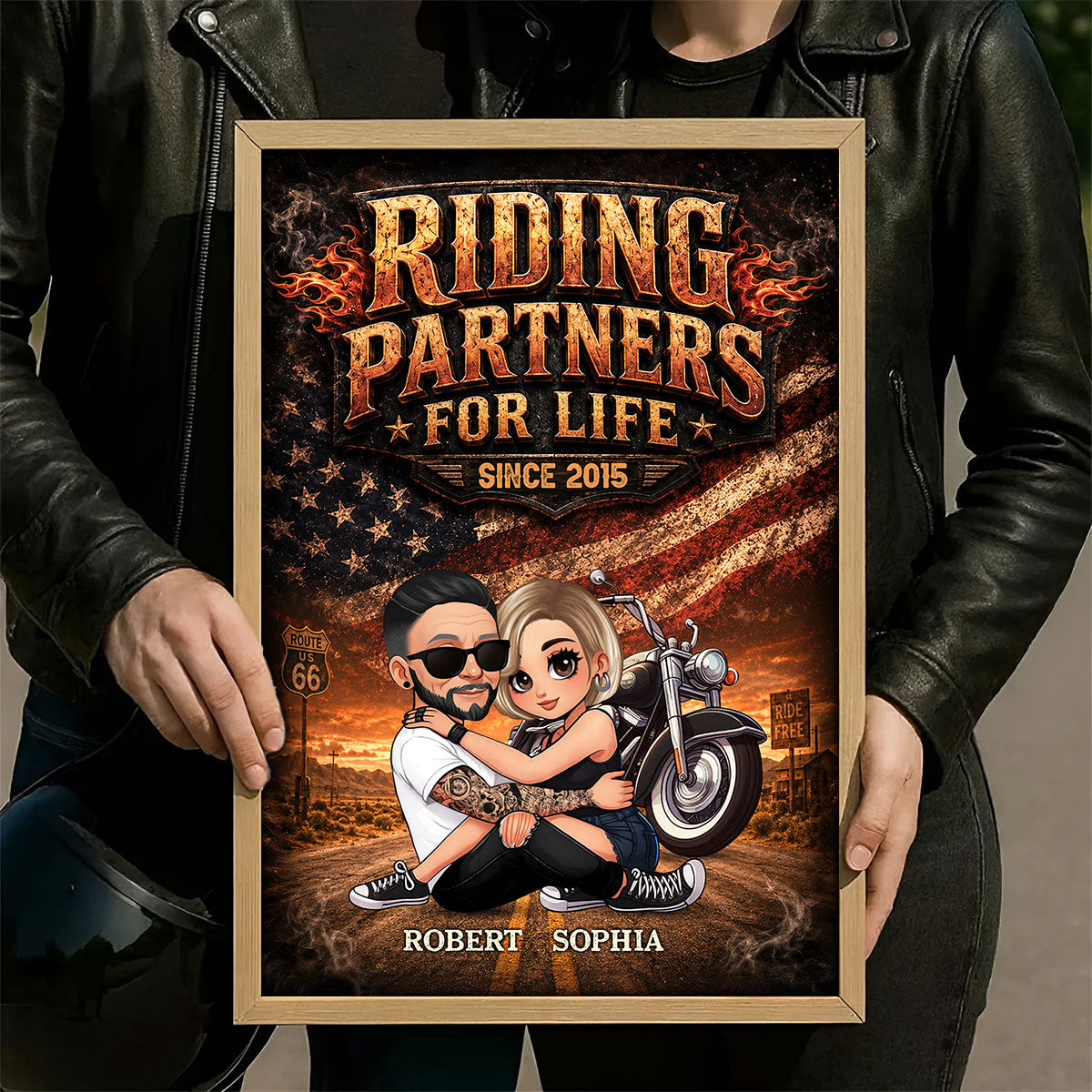 Bikers Couple Riding Partners for Life Nation Flag - Personalized Poster - Gift for Him, for Her