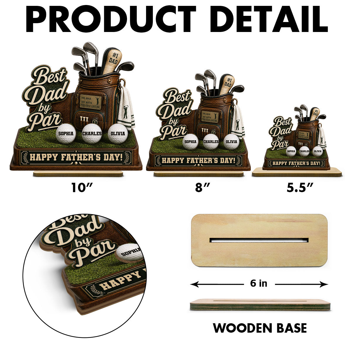 Best Dad By Par Custom Kid Name - Personalized 2-Layered Wooden Plaque -  Gift For Golf Dad