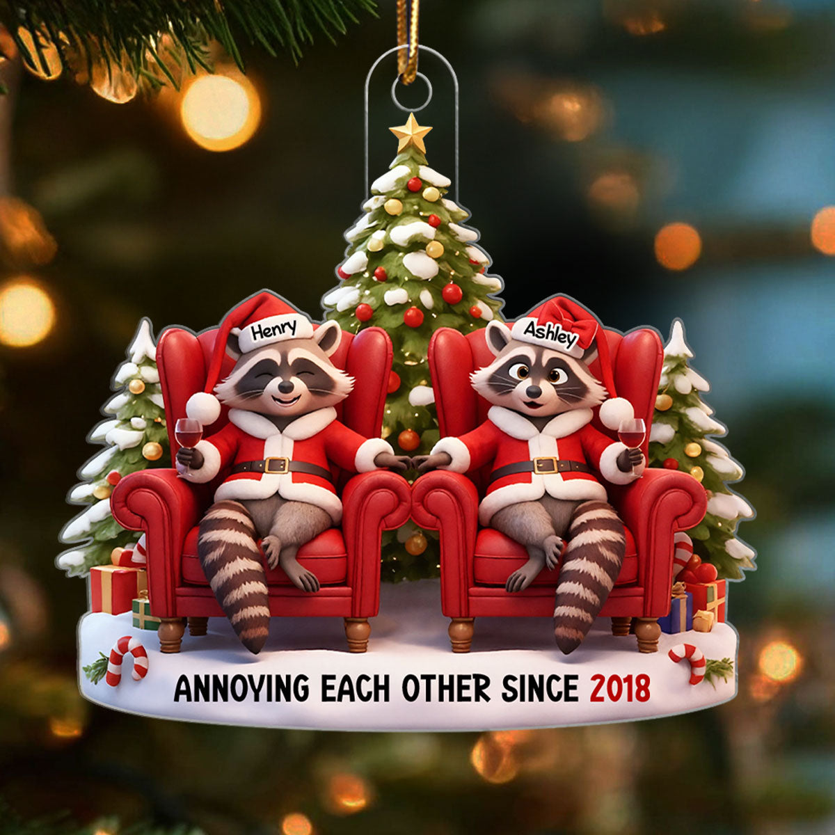 Funny Raccoon Couple Annoying Each Other - Personalized Acrylic Ornament - Christmas Gift for him, Gift for her