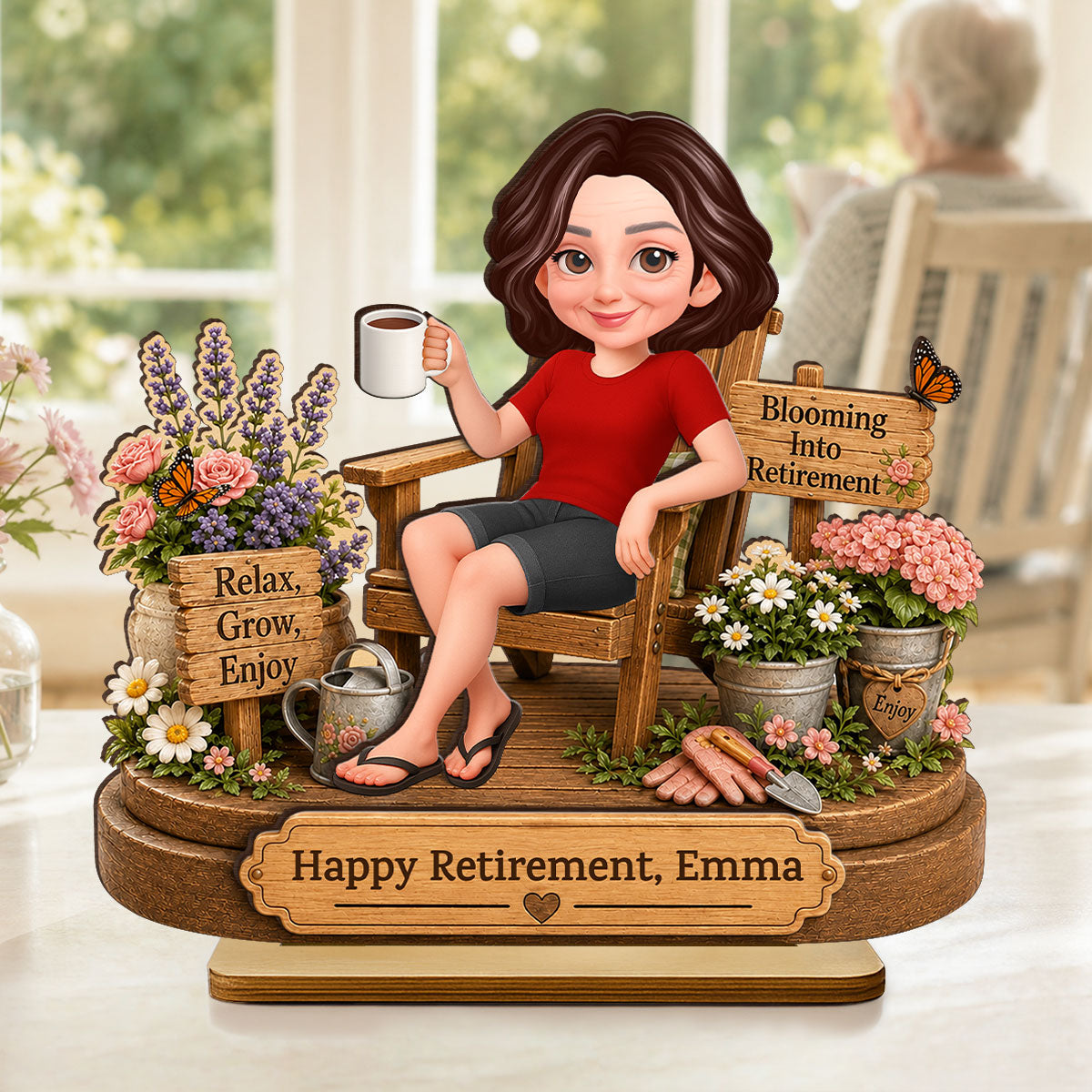 Blooming into Retirement - Personalized 2-Layered Wooden Plaque - Retirement Gift for Grandma, Mom, Wife