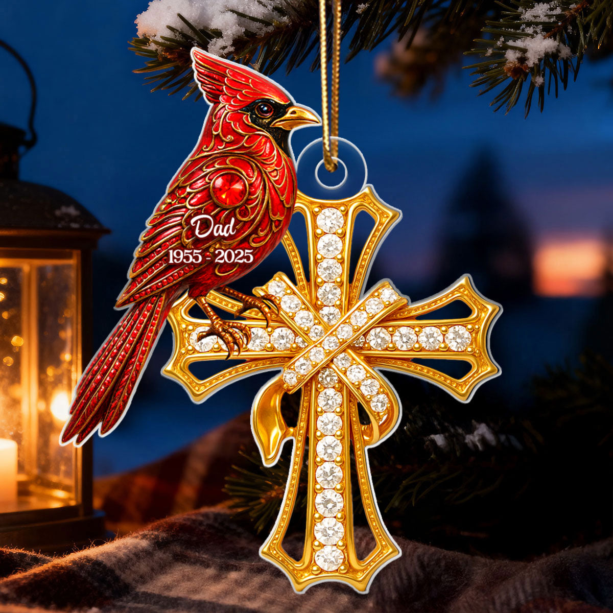 Red Cardinal On Cross 3D Crystal Effect - Personalized Acrylic Ornament - Family Memorial Keepsake