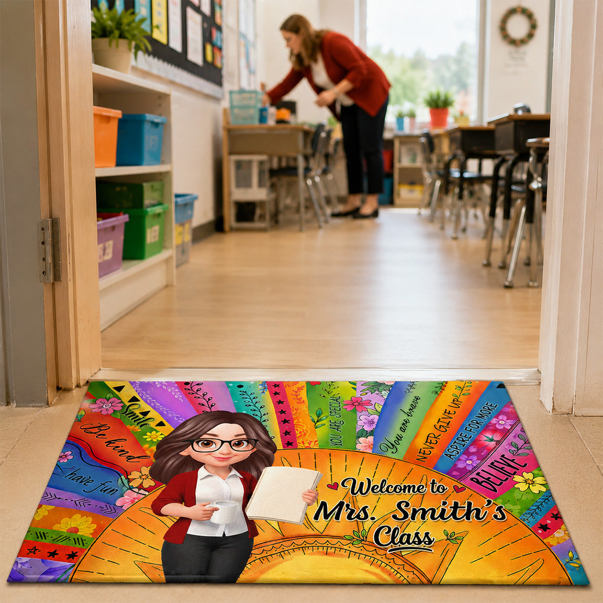 Welcome To Teacher Classroom Boho Sun Colorful Message - Personalized Doormat - Back To School Gift For Teacher