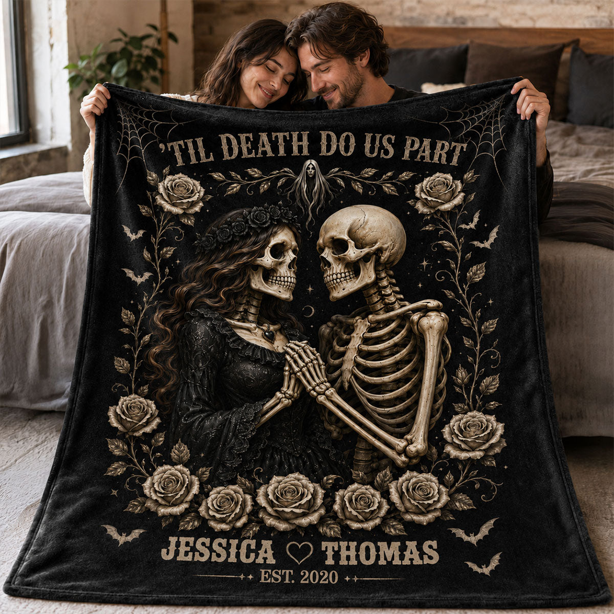Till Death Do Us Part Skeleton Couple - Personalized Fleece Blanket - Spooky Goth Couple Halloween Gift