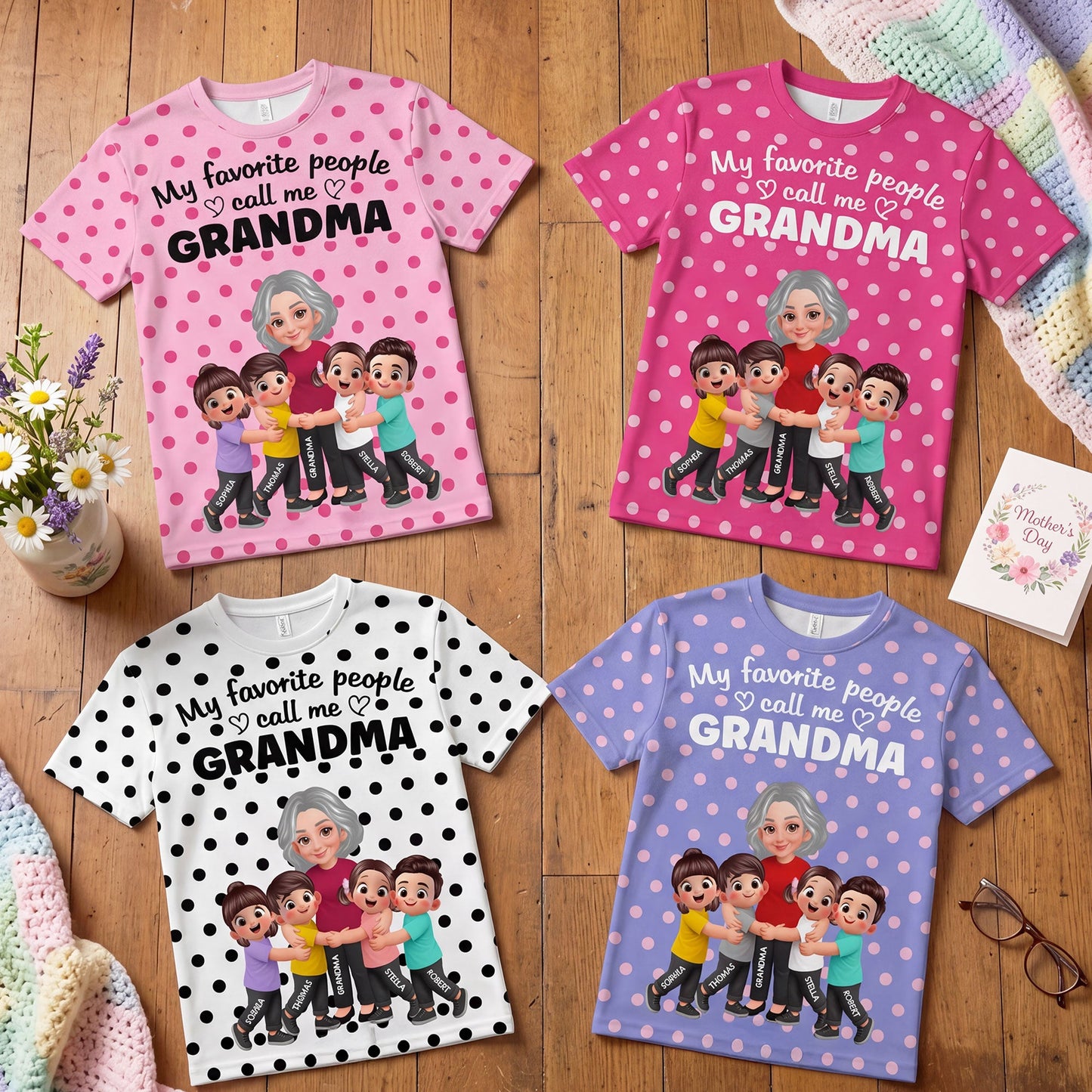 Grandma Grandkids Hugging Polka Dot Pattern - Personalized Shirt - Gift For Grandma, Mom