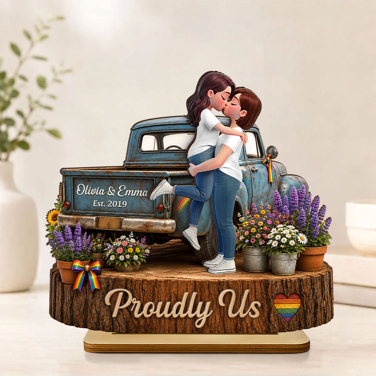 LGBT Couple Pickup Truck Proudly Us - Personalized 2-Layered Wooden Plaque - Gift For Couple, Happy Pride Month