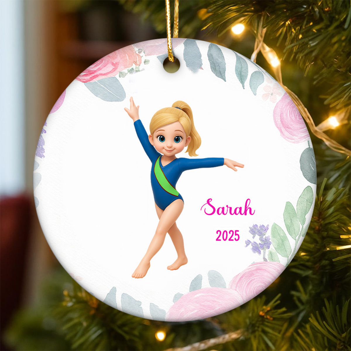 Floral Frame Gymnastic Girl - Personalized Ceramic Ornament - Gymnast Gift For Daughter, Granddaughter