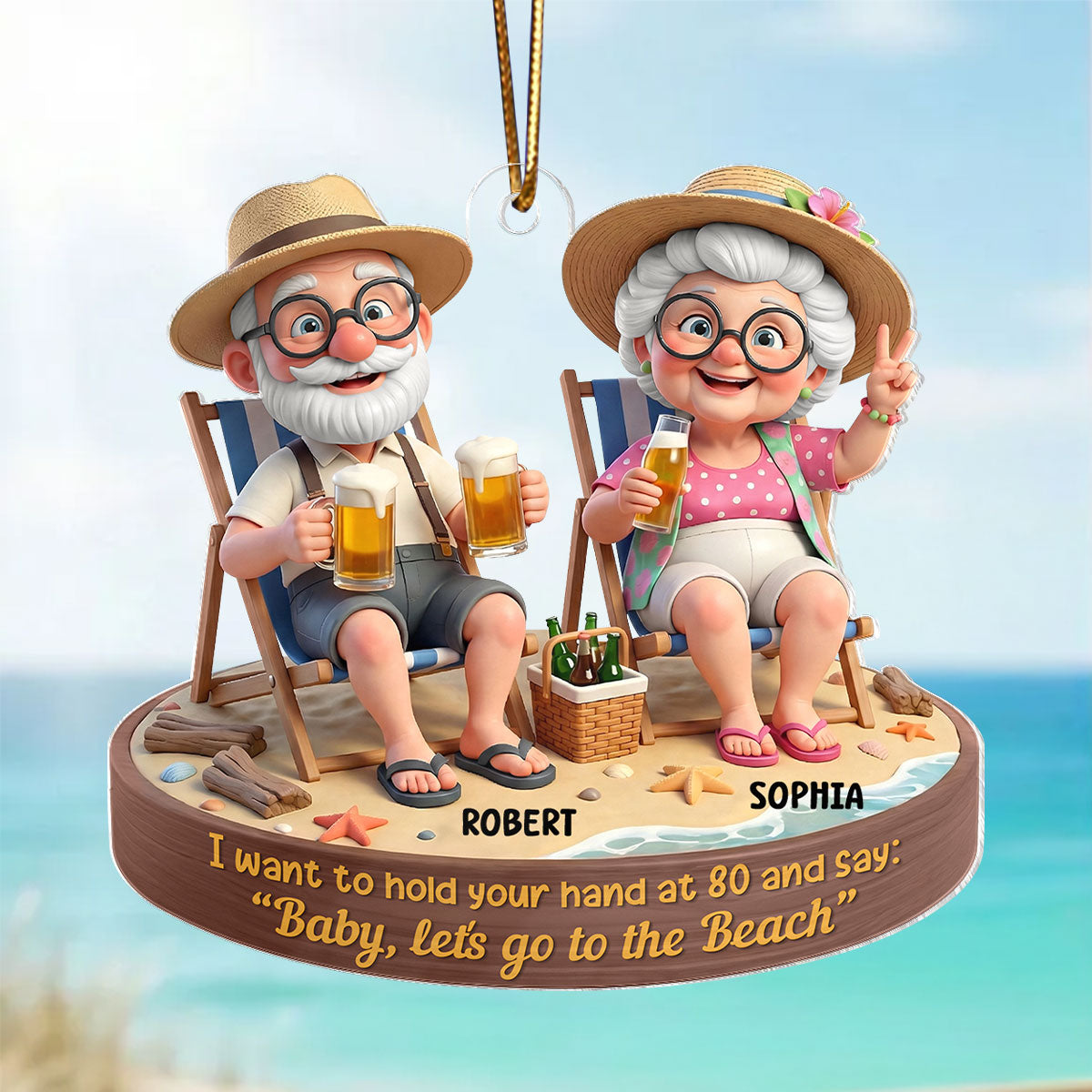 3D Effect Old Couple Baby Let's Go to the Beach  - Personalized Acrylic Car Hanger - Sentimental Gift for him, for her