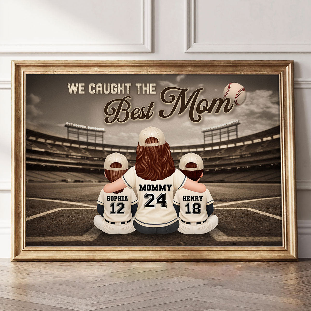Baseball Mom And Kids Retro Wall Art - Personalized Poster - Sentimental Mother's Day Keepsake for Mom, Wife