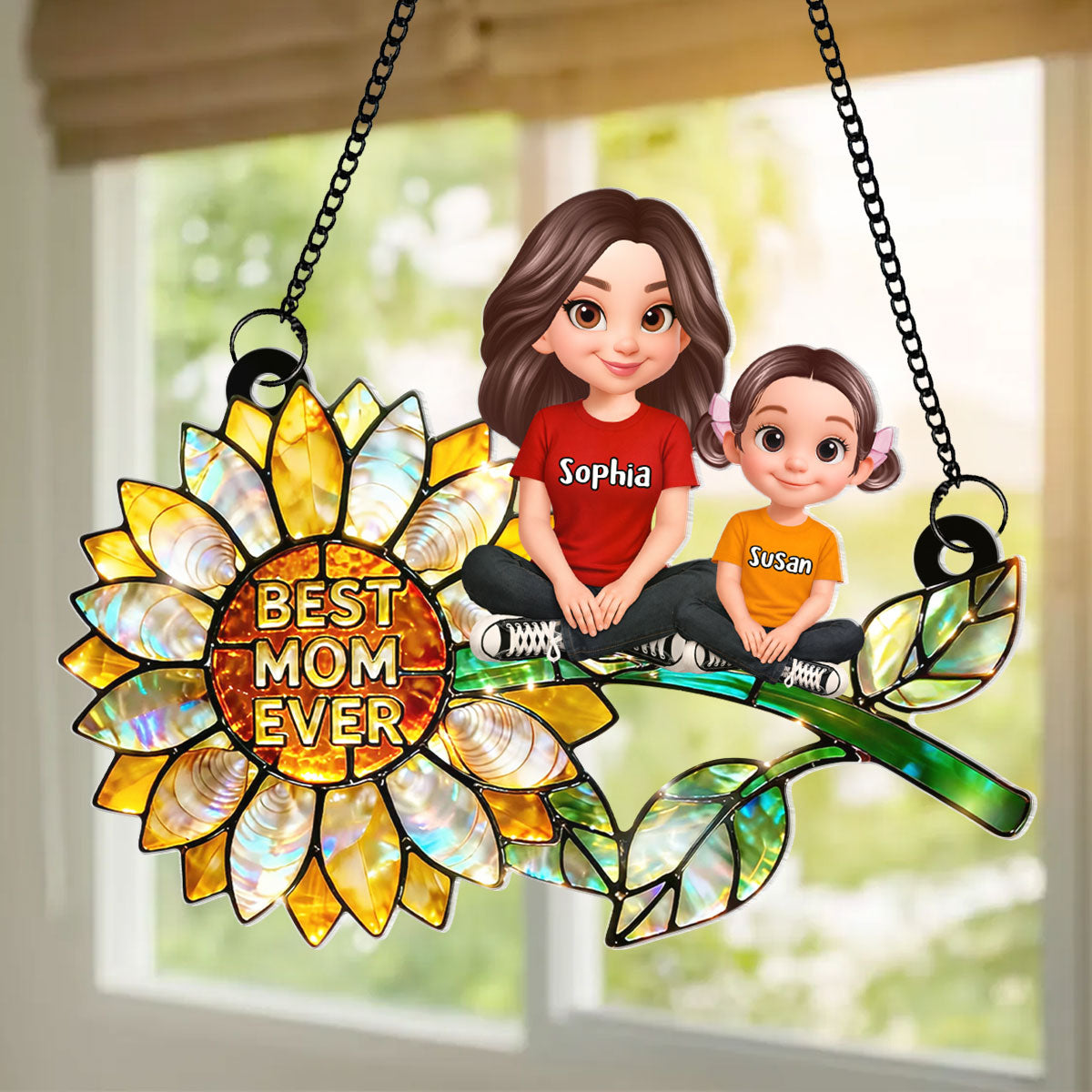 Sunflower Mom Grandma and Grandkids Sitting - Personalized Window Hanging Suncatcher - Mother's Day Gift for Mom, Wife