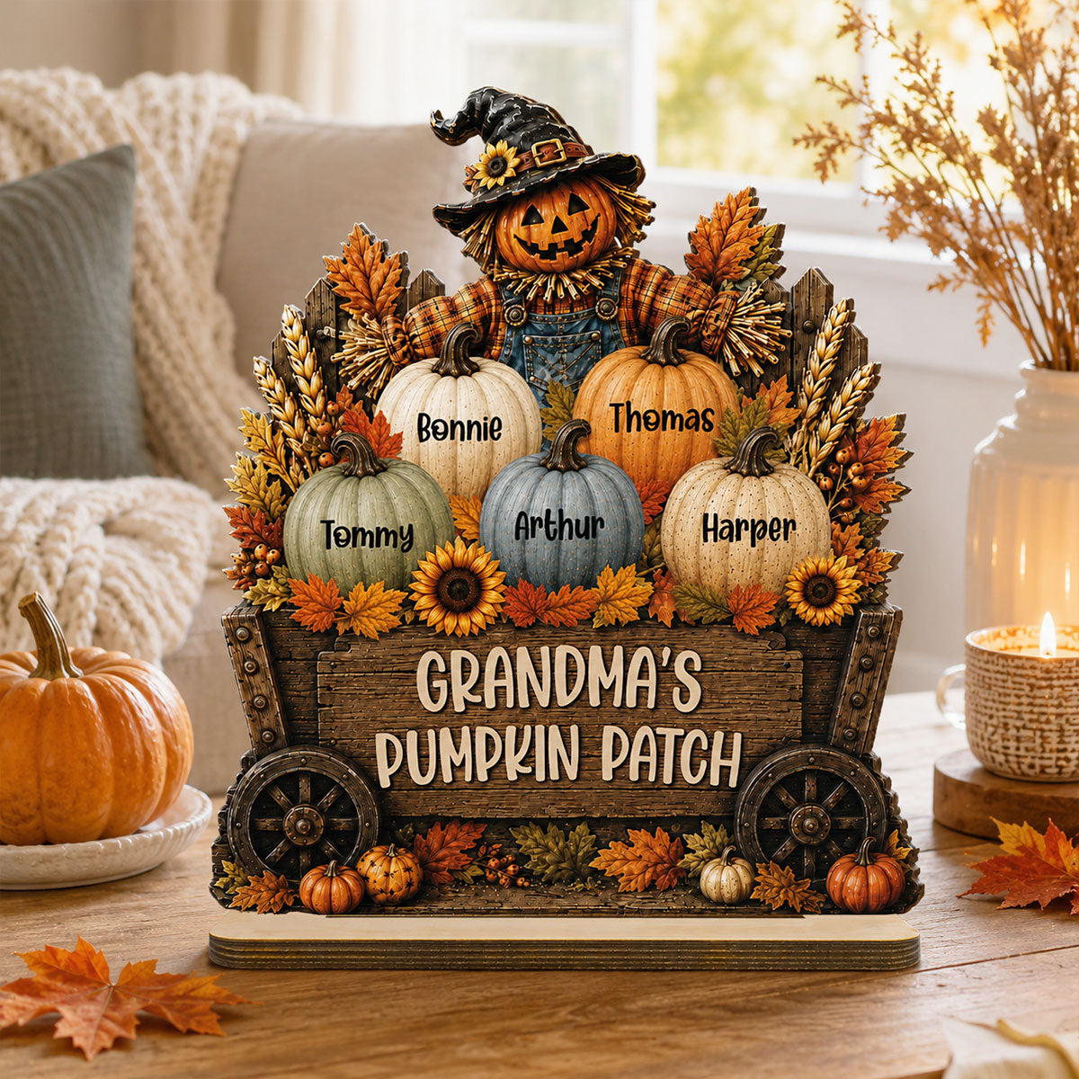 Grandma's Pumpkin Patch Scarecrow Pumpkins On Wagon 2D Flat - Personalized 2-Layered Wooden Plaque - Rustic Fall Decor