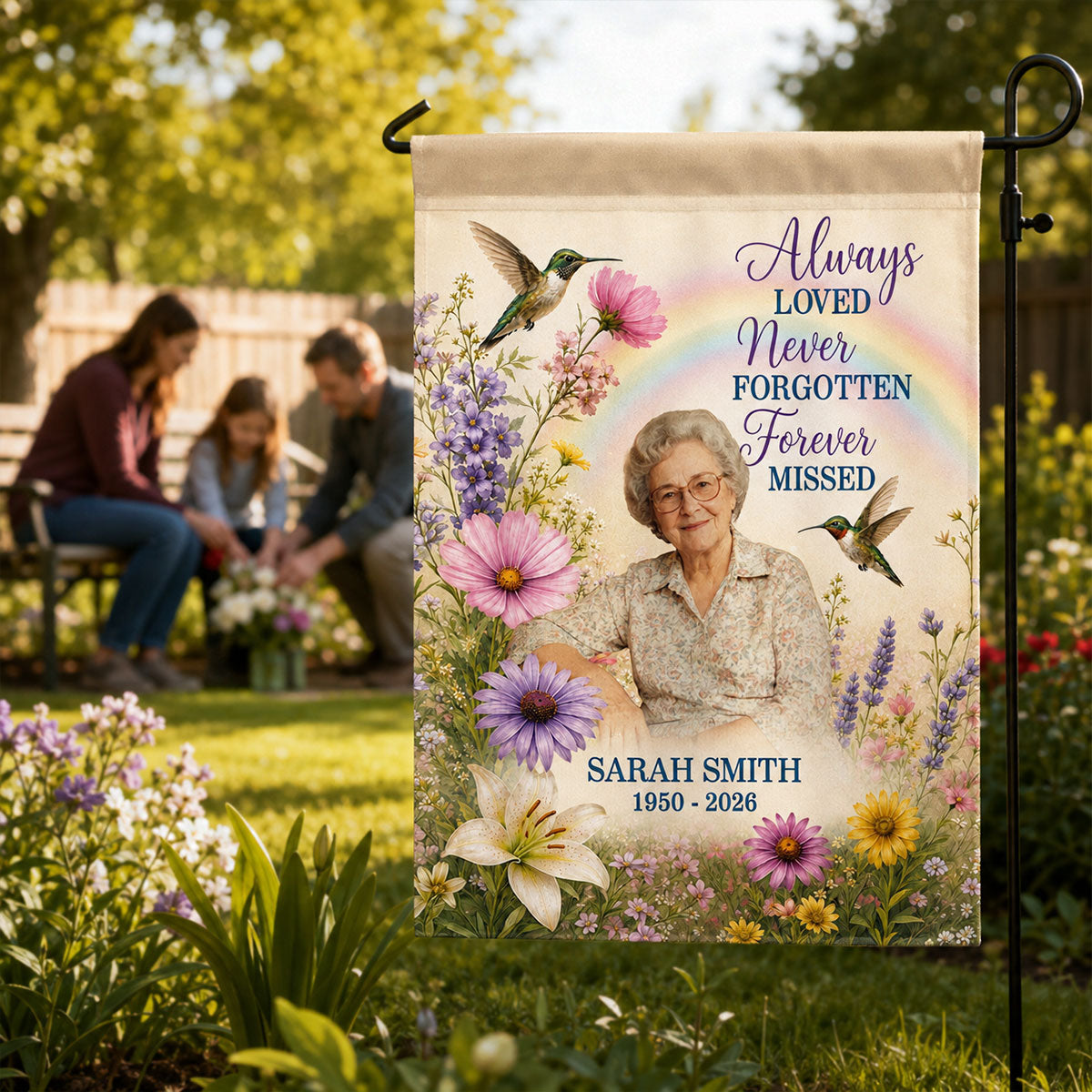 Always Loved Hummingbird Memorial - Personalized Garden Flag - Memorial Sympathy Gift Remembrance Keepsake Photo Inserted