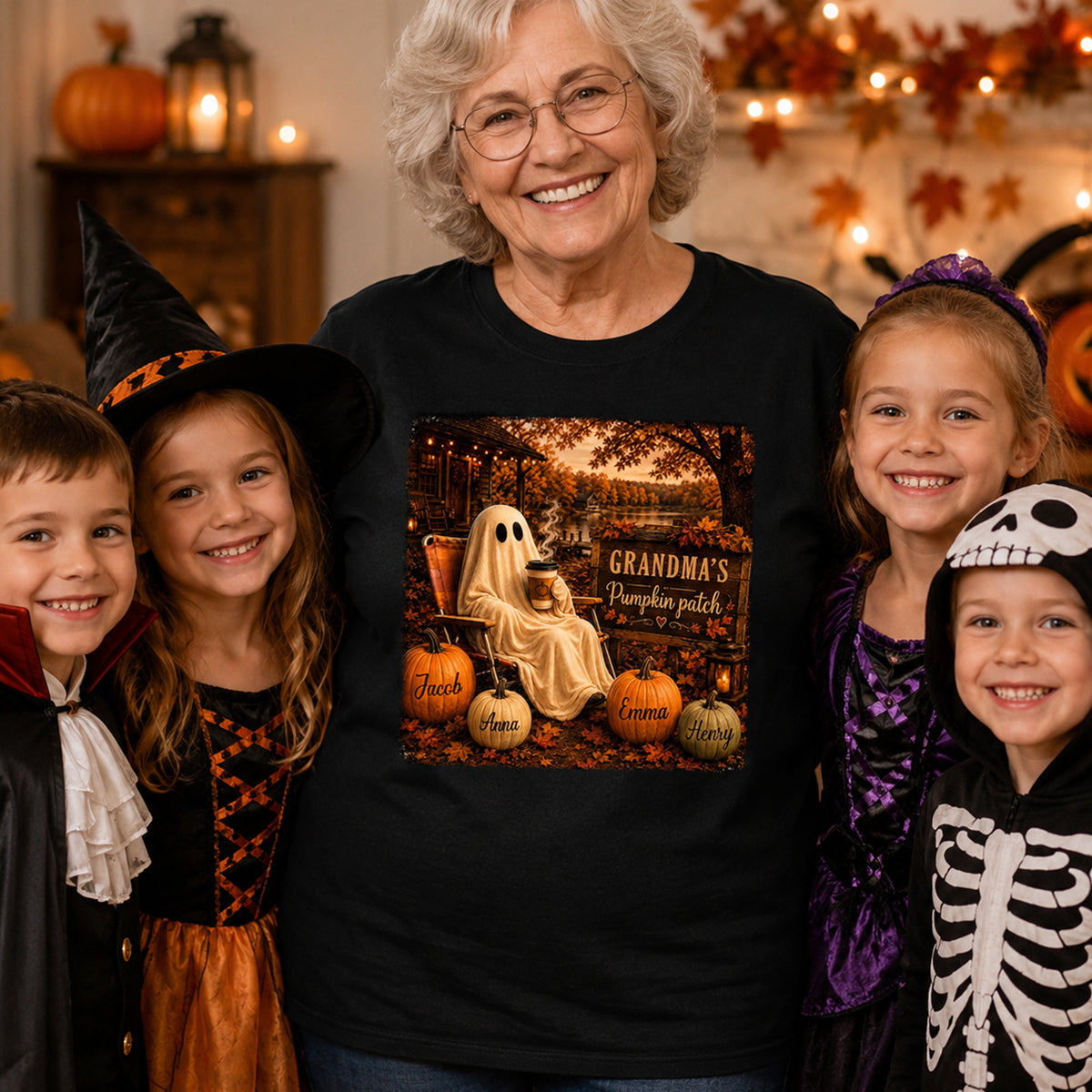 Grandma's Pumpkin Patch Ghost Fall Vibe - Personalized Shirt - Cozy Fall Gift for Grandma