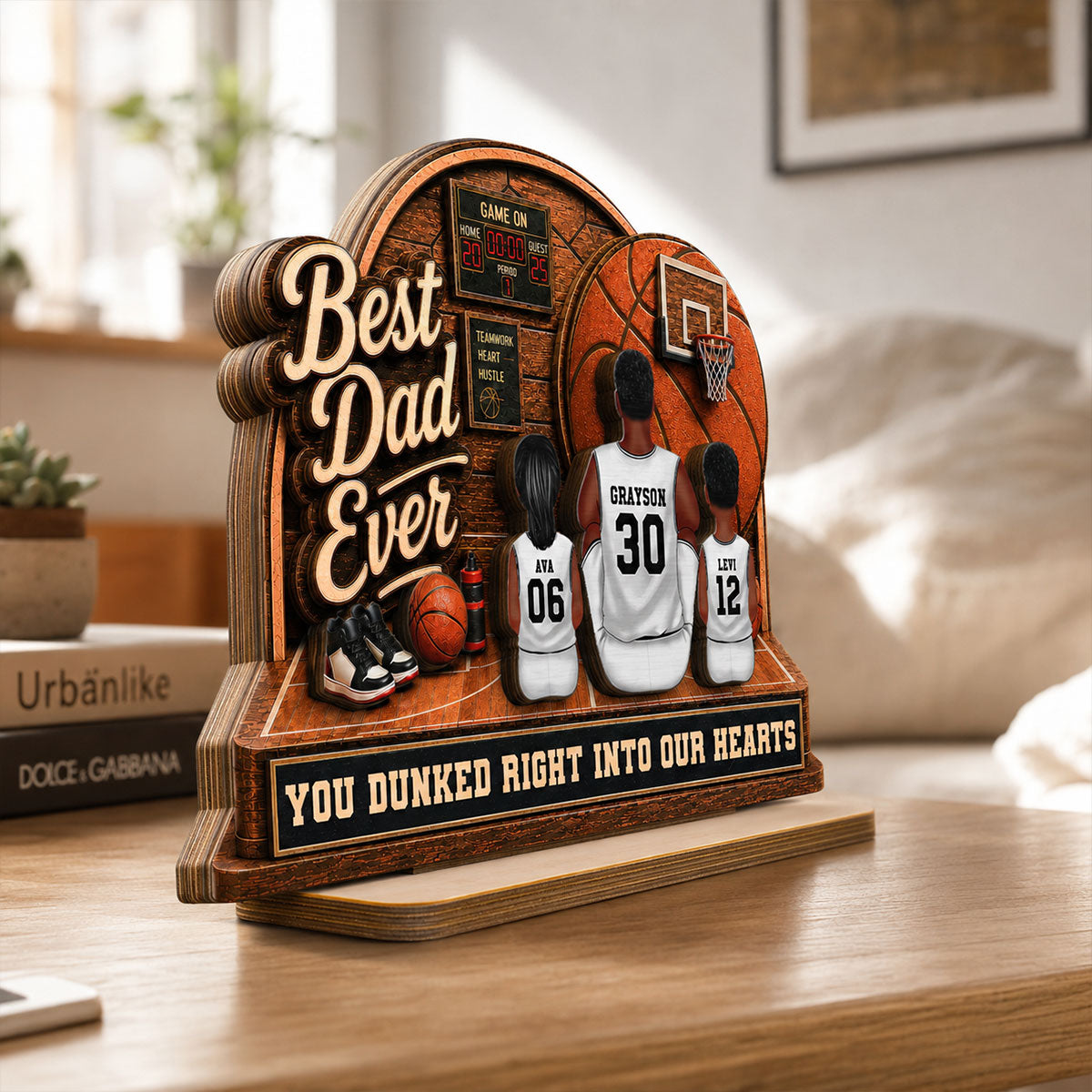 MVP Dad Back View Basketball Man & Kids 2D Flat - Personalized 2-Layered Wooden Plaque -  Gift For Basketball Dad