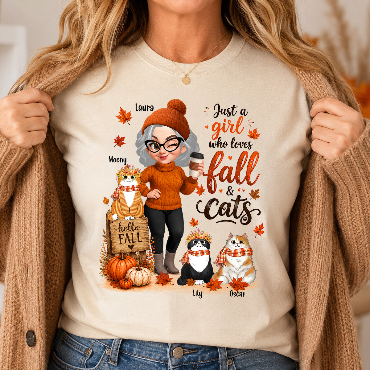 Just a Girl Who Loves Fall & Cats - Personalized Shirt - Cozy Fall Shirt for Cat Moms