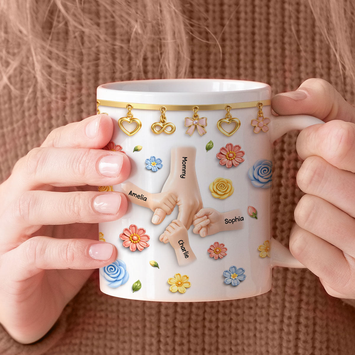 Kids Holding Mom's Hands - Personalized Mug - Gift For Mom