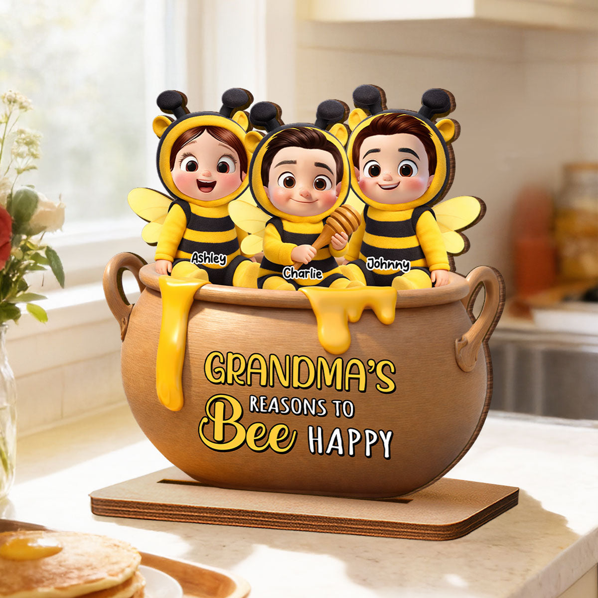 Grandma's Reasons to Bee Happy - Personalized 2-Layered Wooden Plaque - Heartfelt Mother's Day Gift for Grandma