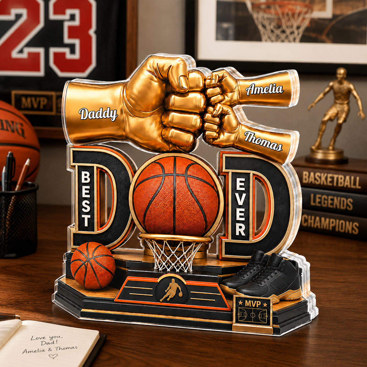 Basketball Dad & Kids Fist Bump - Personalized Acrylic Block Plaque -  Gift For Dad, Husband