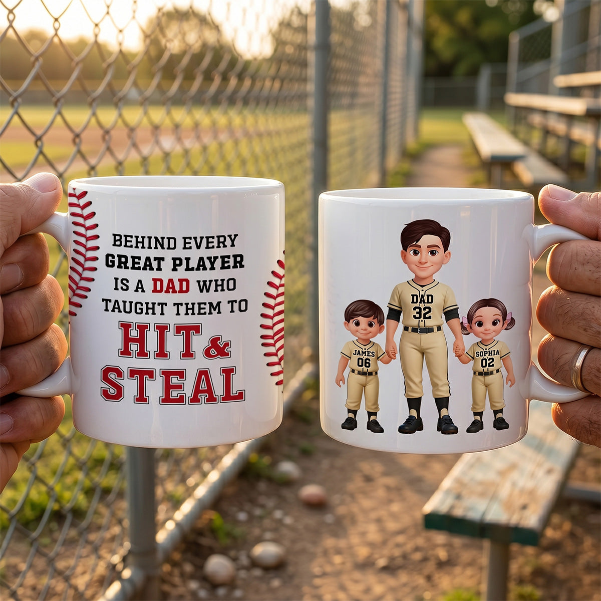 Thank You For Teaching Us To Hit & Steal Baseball Dad & Kids Standing - Personalized Mug - Father's Day Gift For Dad, Husband