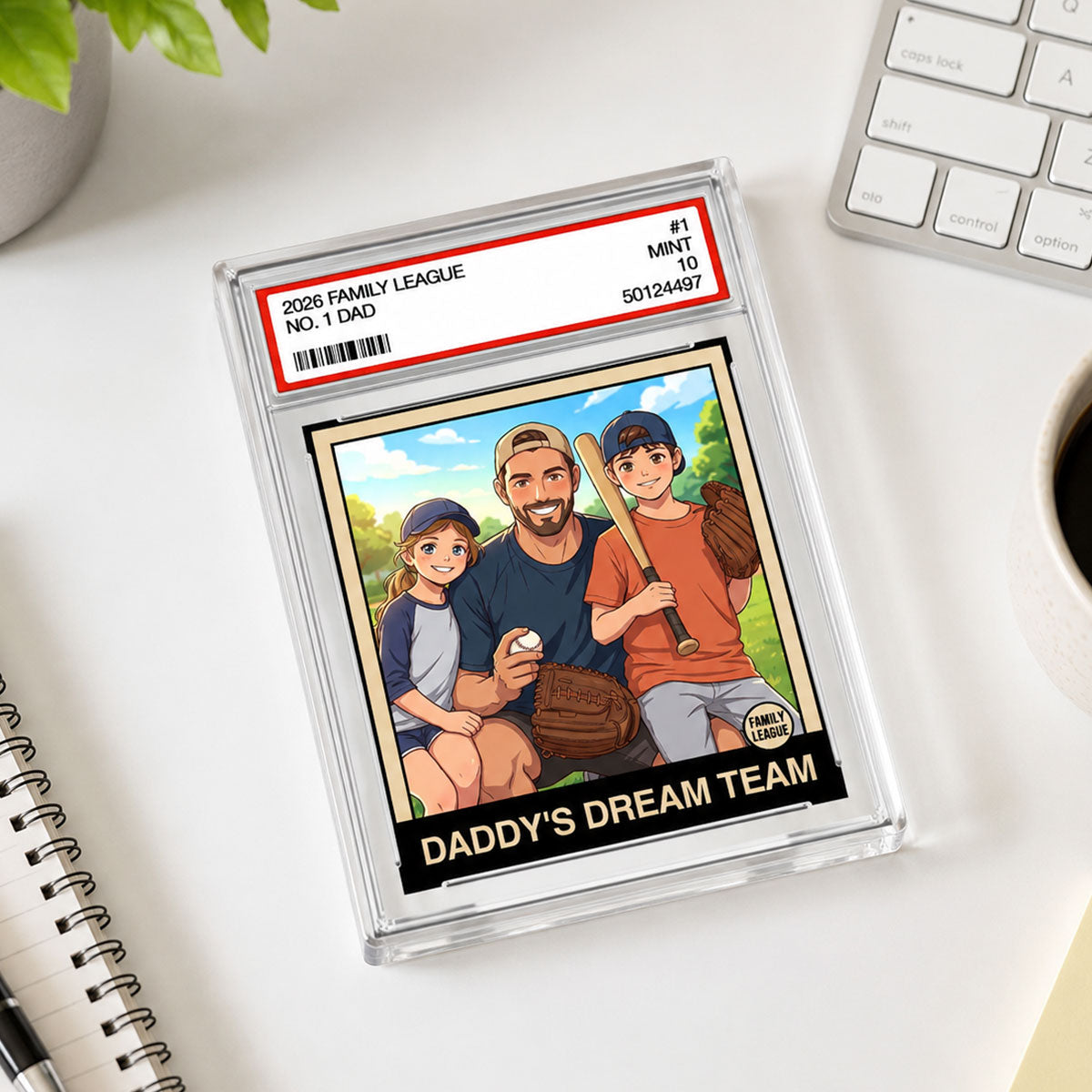 Cartoon Style Baseball Daddy's Dream Team Trading Card - Personalized Acrylic Block Plaque -  Gift For Baseball Dad, Husband