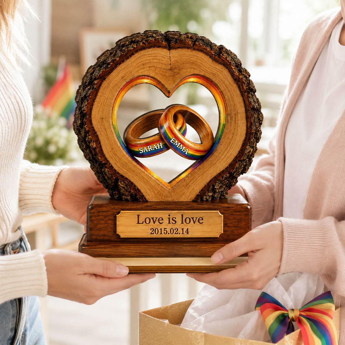 Love is Love LGBTQ+ Couple Anniversary - Personalized 2-Layered Wooden Plaque - Heartfelt Gift for Her, for Him