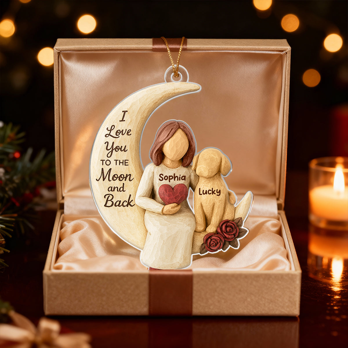 Woman and Dog Love to the Moon - Personalized Acrylic Ornament - Heartfelt Christmas Gift for Dog Mom, Pet Memorial Keepsake