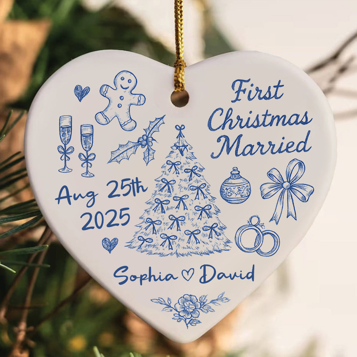 First Christmas Married Toile De Jouy Pattern - Personalized Ceramic Ornament - Christmas Gift For Him, For Her, For Couple
