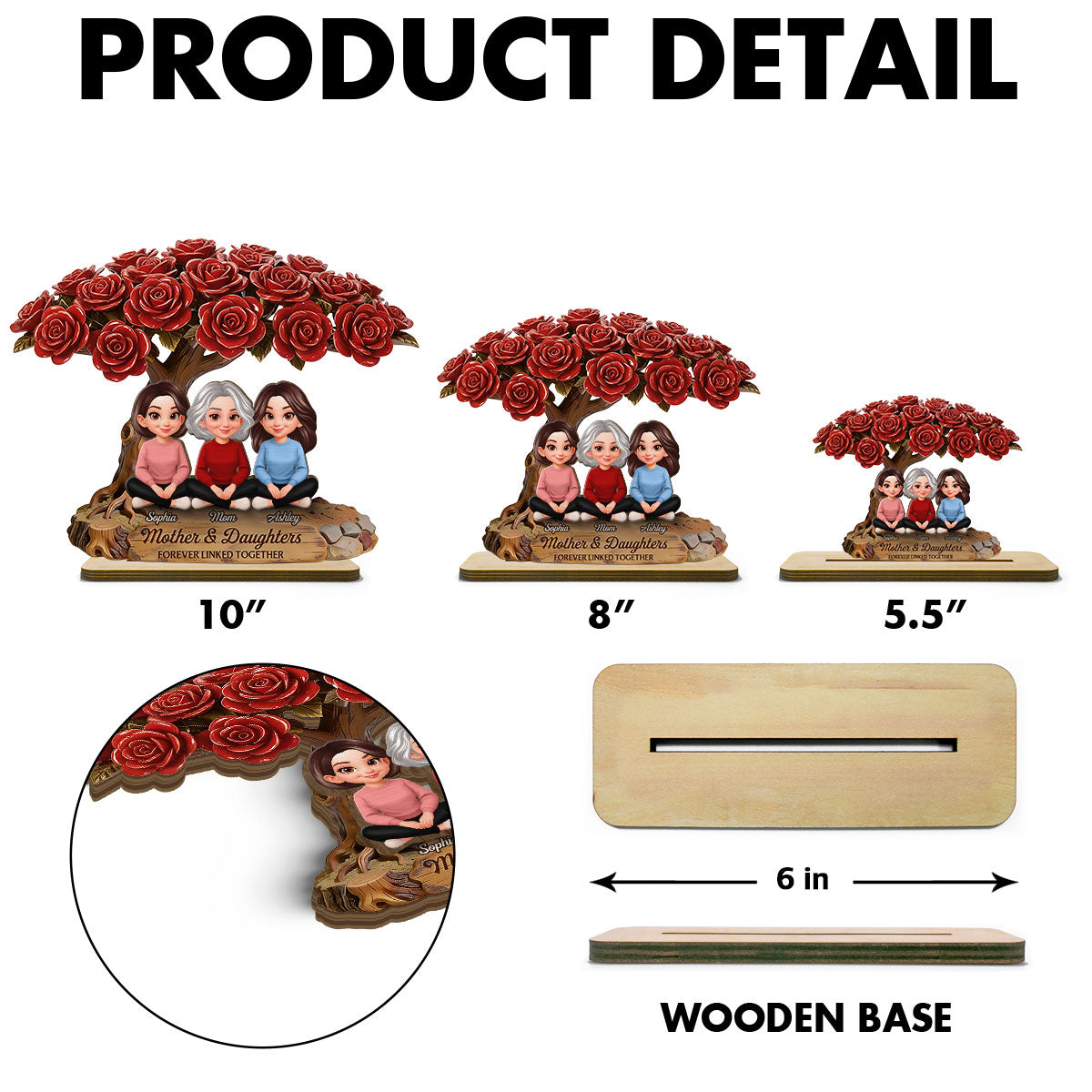 Vintage Rose Tree Mom And Daughter Son - Personalized 2-Layered Wooden Plaque - Gift For Mom